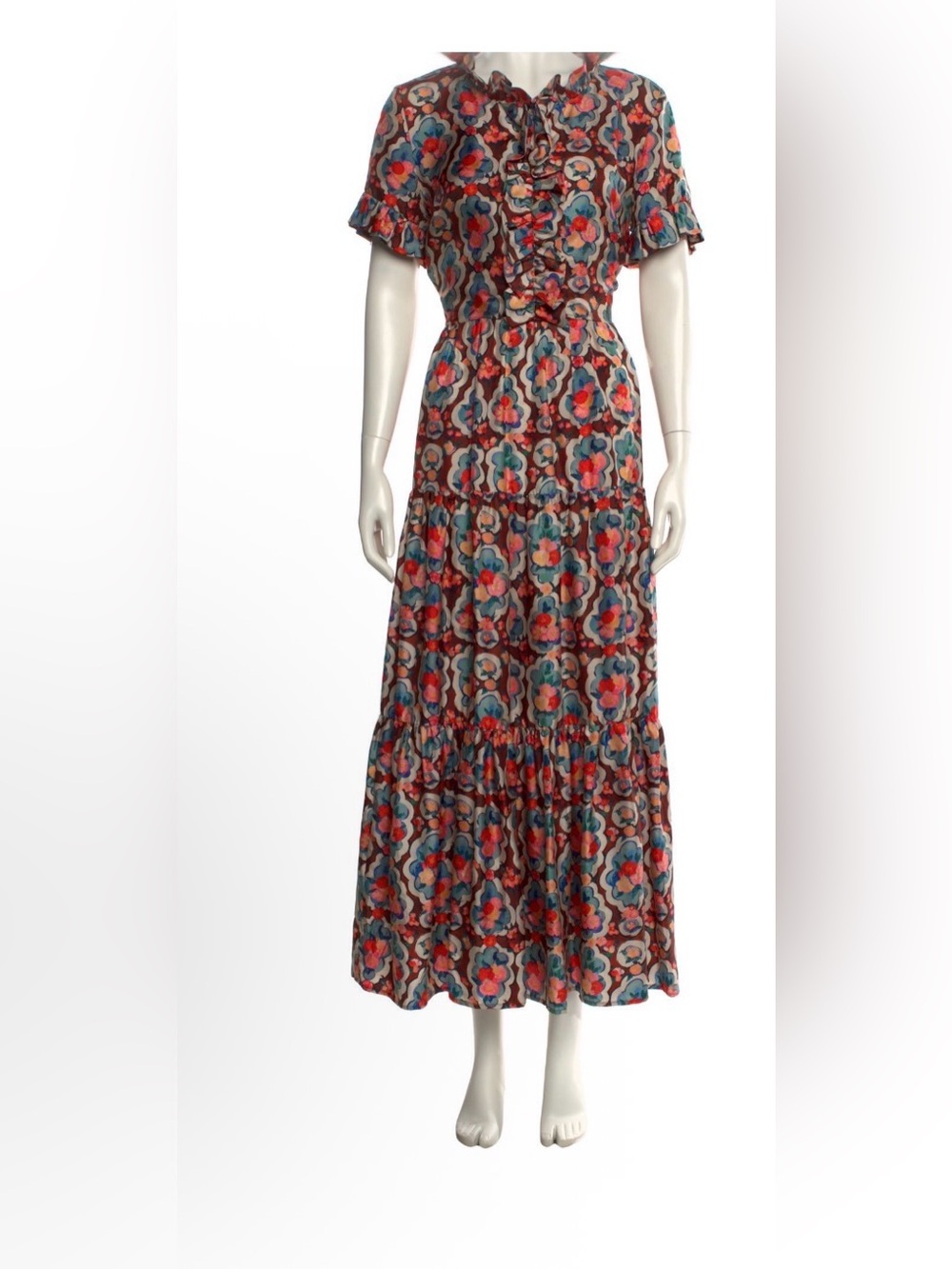 LA DoubleJ Red, Blue and Orange Floral-Print Tiered Maxi Skirt